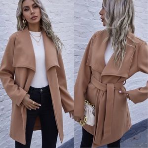 Belted fold over collar overcoat camel tan peacoat